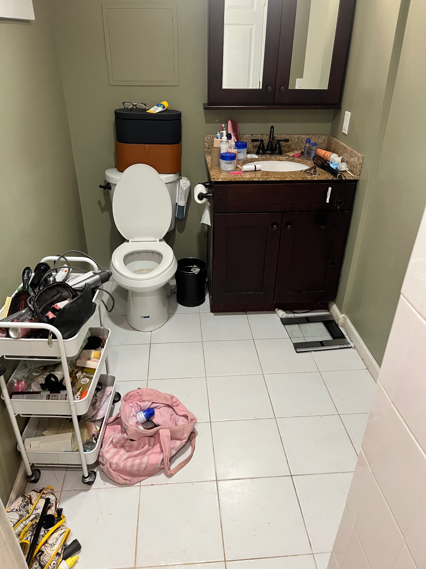 Cluttered bathroom with bags and products on the floor before a Clean & Shine visit