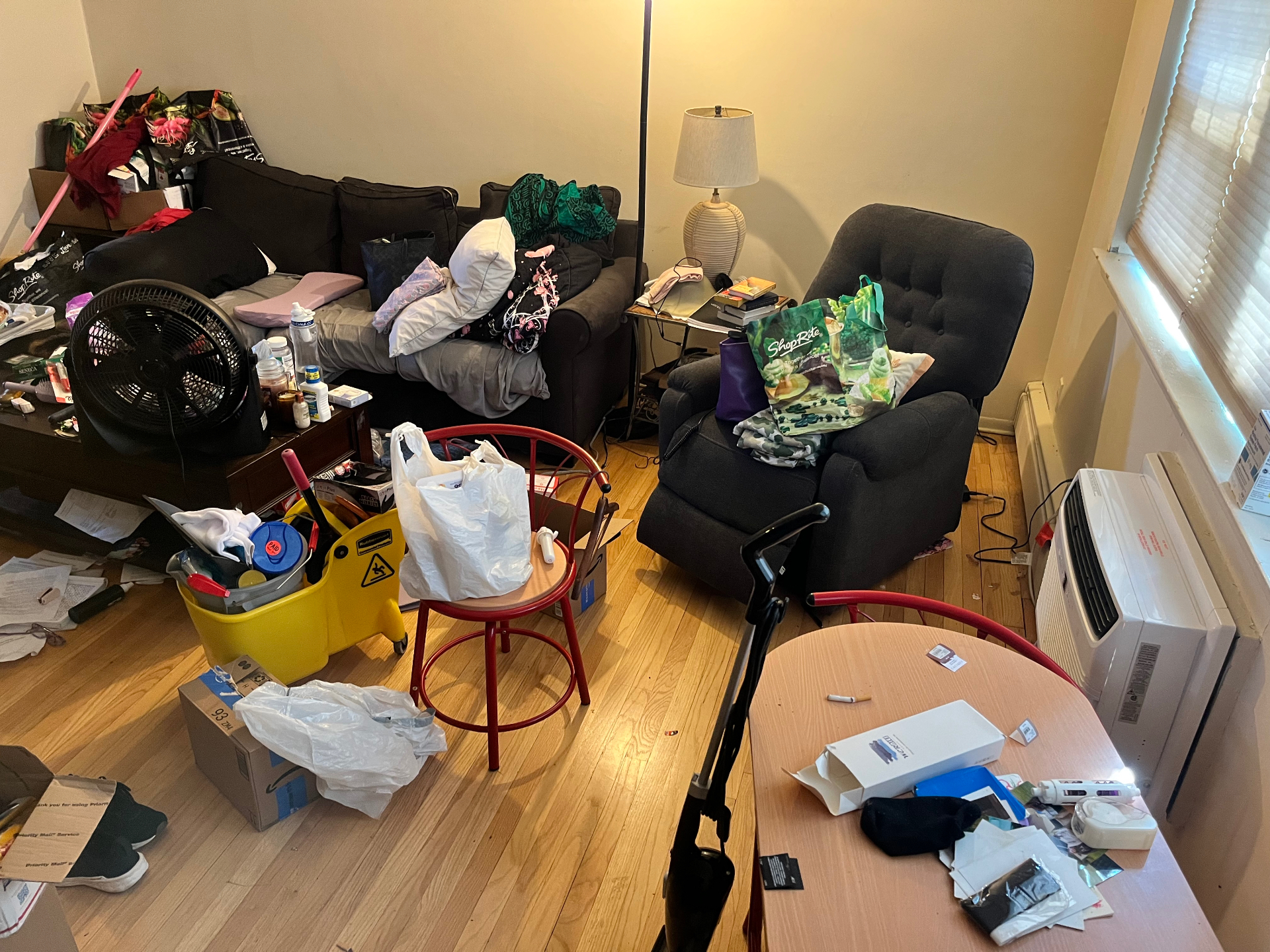 Cluttered living room with bags, boxes and cleaning equipment before a Clean & Shine visit