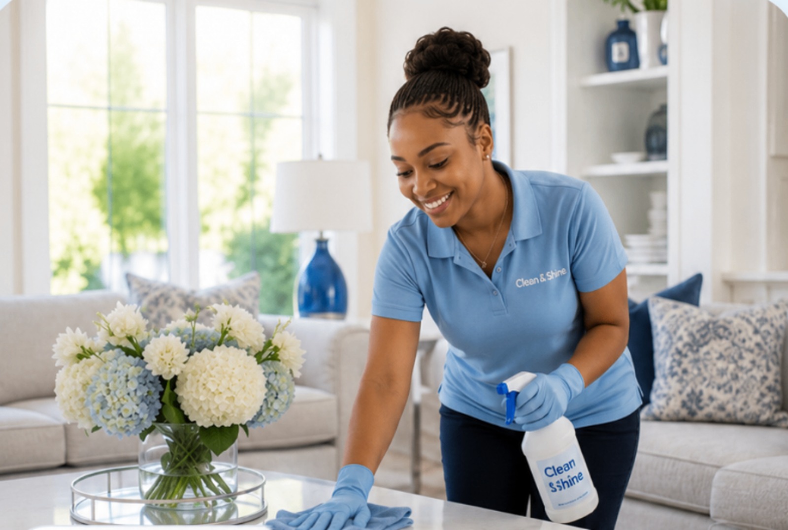 A professional cleaner polishing a table in a bright, spotless living room