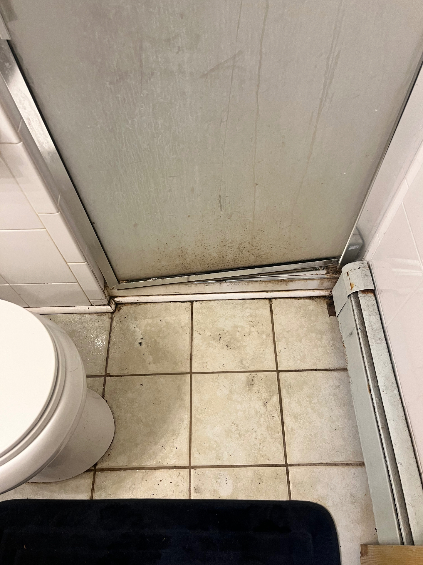 Shower door & bathroom floor cleaning — before